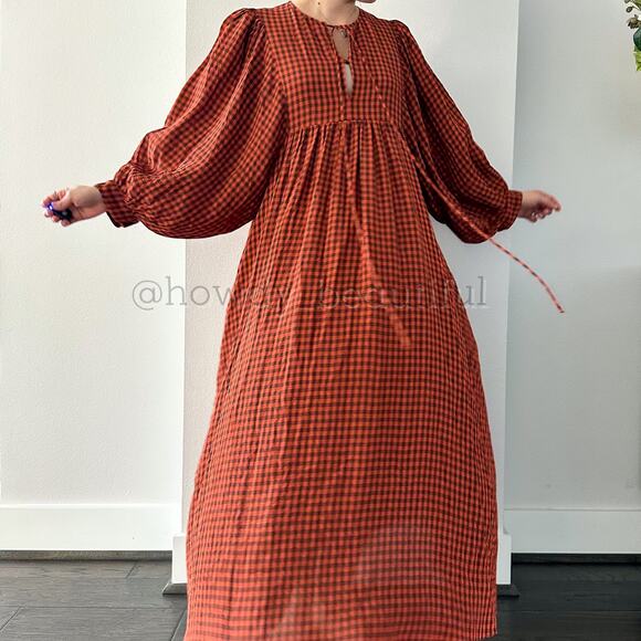 MR. LARKIN Checkered Burnt Orange Balloon Sleeves Maxi Dress - Picture 7 of 10